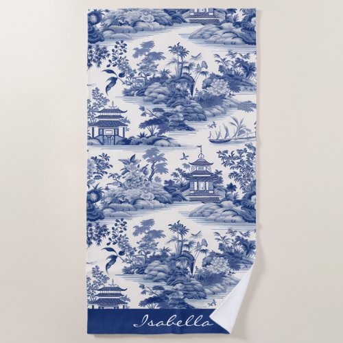 Custom Chinoiserie Pattern Pagoda Blue White Beach Towel