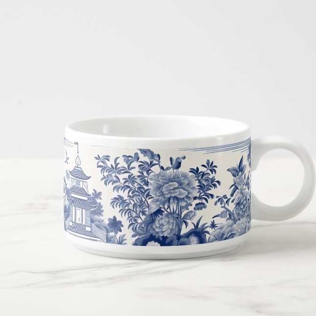 Custom Chinoiserie Pattern Pagoda Blue White Chili Bowl (Left)