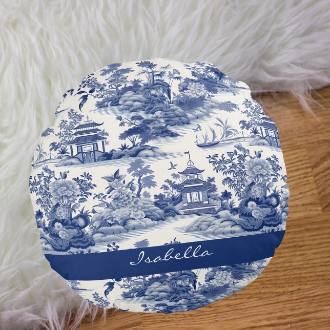 Custom Chinoiserie Pattern Pagoda Blue White Round Pillow (Creator Uploaded)