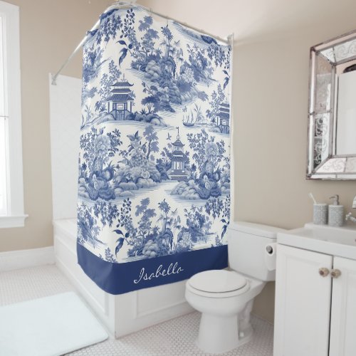Custom Chinoiserie Pattern Pagoda Blue White Shower Curtain