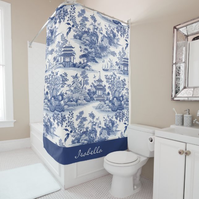 Custom Chinoiserie Pattern Pagoda Blue White Shower Curtain (In Situ)