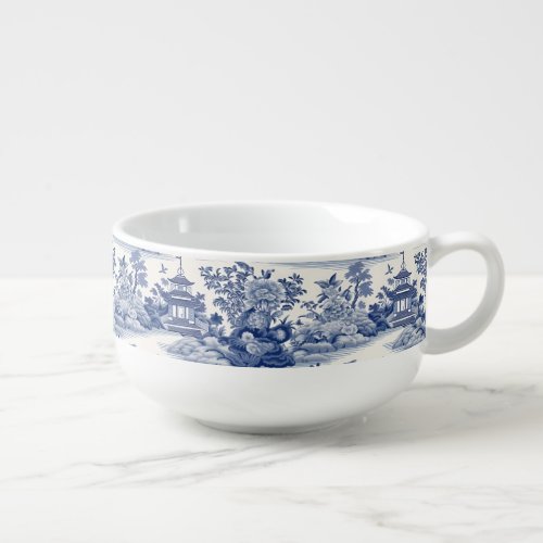 Custom Chinoiserie Pattern Pagoda Blue White Soup Mug