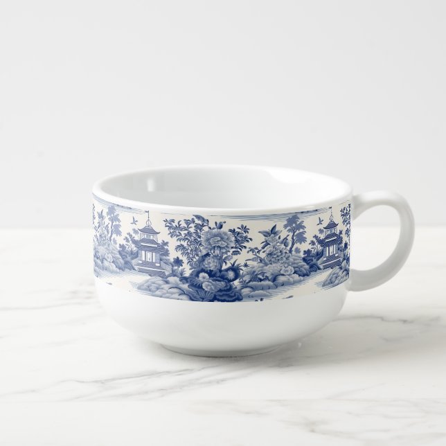 Custom Chinoiserie Pattern Pagoda Blue White Soup Mug (Left)