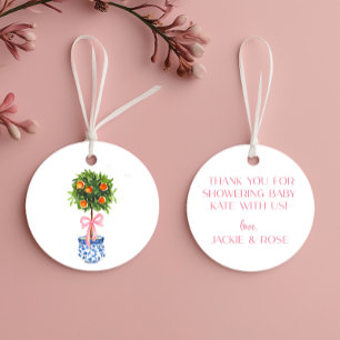 Custom Chinoiserie Topiary Tree, Pink Bow Favor Tags