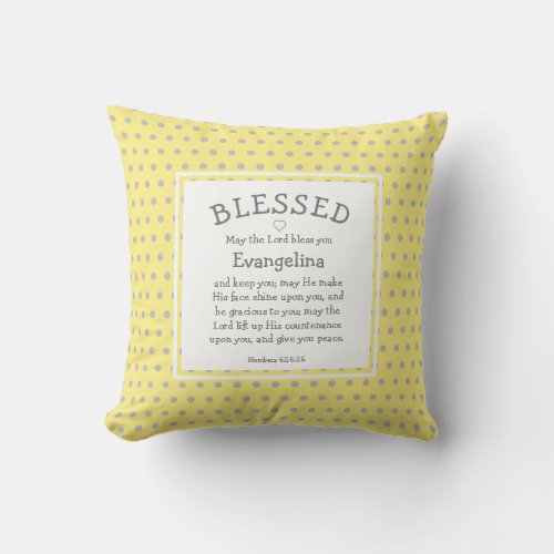 Custom Christian Blessing Yellow Polka Dot Baby Throw Pillow