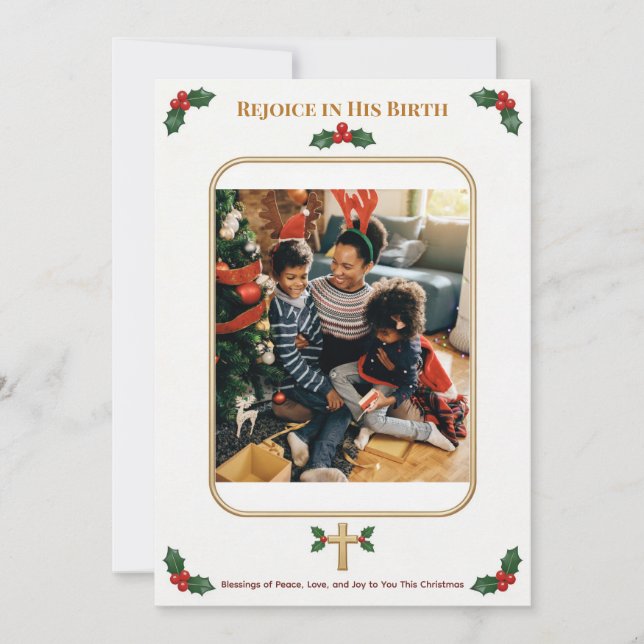 Custom Christian Christmas with Holly and Cross Holiday Card (Front)