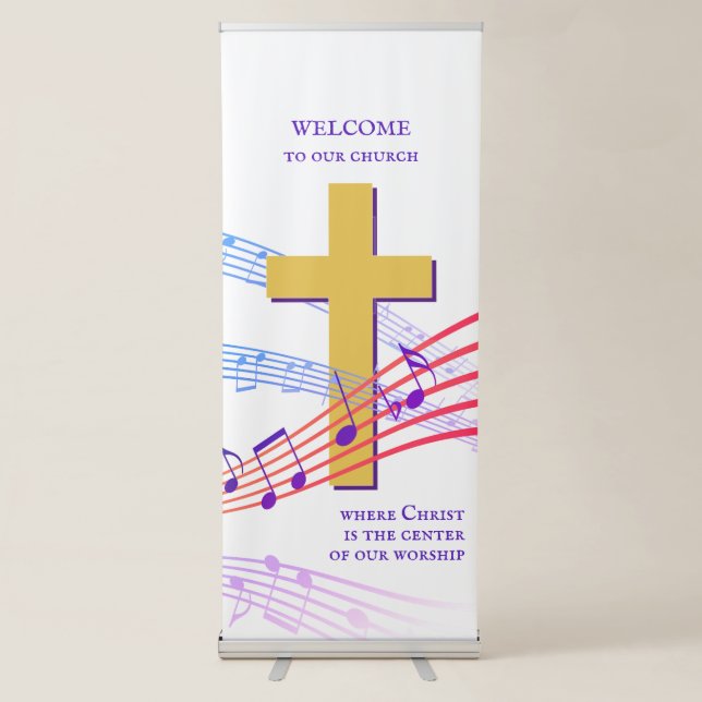 Custom Christian Cross Musical Notes WELCOME Retractable Banner (Front)