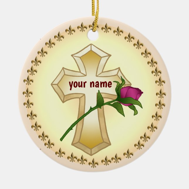 Custom Christian Cross Rose  Ceramic Ornament (Front)