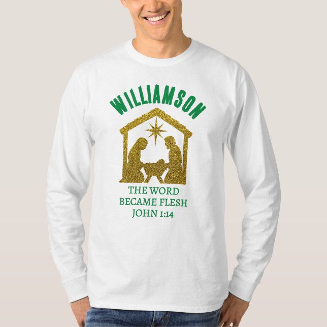 Custom Christian Glitter Nativity Family Christmas T-Shirt (Front)
