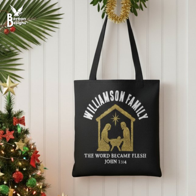 Custom Christian Glitter Nativity Family Christmas Tote Bag (Christian Christmas Family Gifts Tote Bag with custom name and gold glitter nativity scene.)