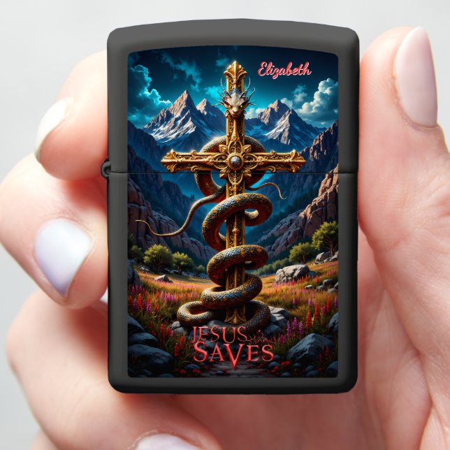 Custom Christian Lighter: Ornate Cross & Serpent Zippo Lighter (In Hand)
