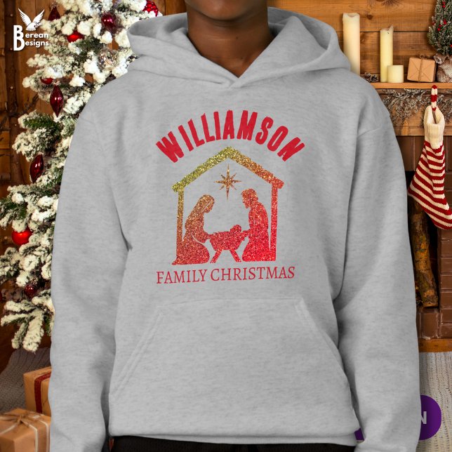 Custom Christian Nativity Family Christmas T-Shirt (Personalized Christmas Family hoodie with glitter nativity design.)