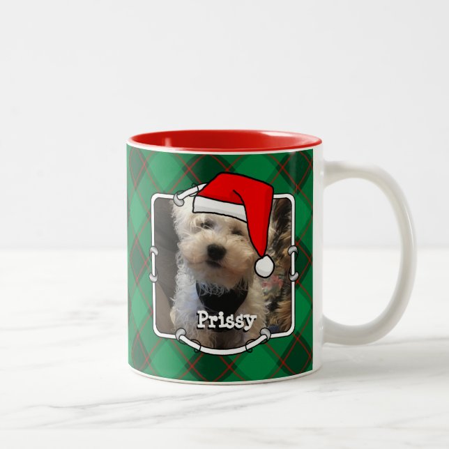 Custom Christmas 2 Photo Frame Red & Green Plaid Two-Tone Coffee Mug (Right)