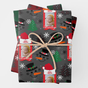 Custom Christmas 3 Photo name Grey Red Green 3 set Wrapping Paper Sheets