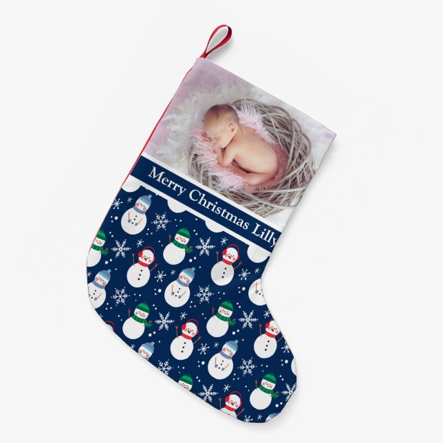 Custom Christmas  Baby Photo, Name Snowman Face  Small Christmas Stocking (Front (Hanging))