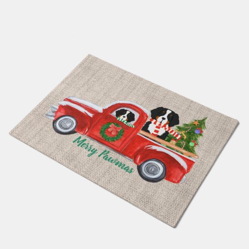 Custom Christmas Berner Dogs Red Truck Burlap Doormat