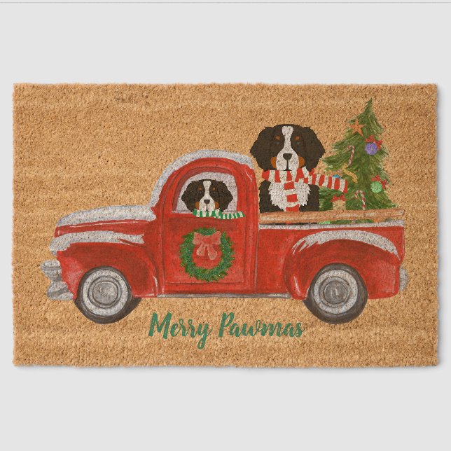 Custom Christmas Berner Dogs Red Truck Fiber Doormat (Front)