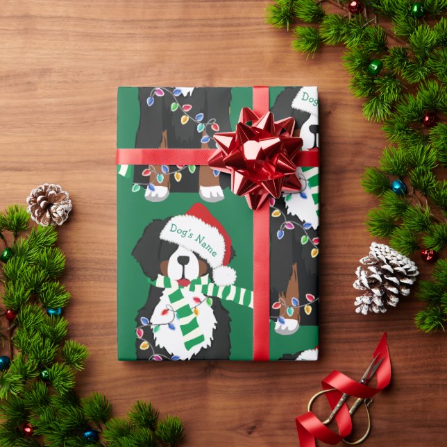 Custom Christmas Bernese Mt Dog Green Holiday Wrapping Paper (Holiday Gift)