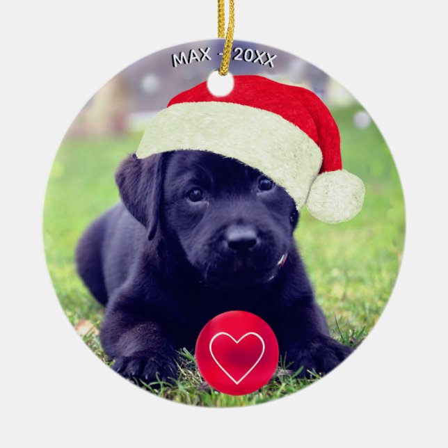 Custom Christmas Black Dog Photo Ceramic Ornament (Front)