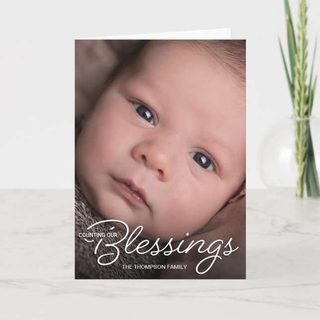 Custom Christmas Blessings introducing Baby Photo Holiday Card (Front)