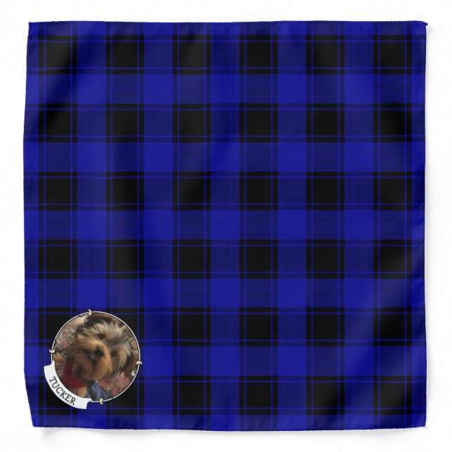 Custom Christmas Blue and Black Plaid Photo Frame Bandana (Front)