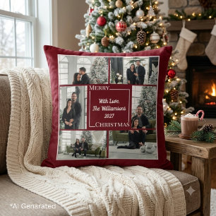 Custom Christmas Burgundy Modern Photo Collage Throw Pillow