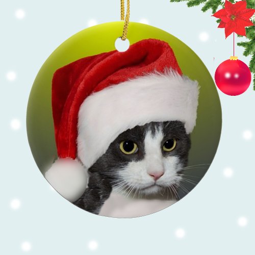 Custom Christmas Carol Tuxedo Cat Photo Ceramic Ornament