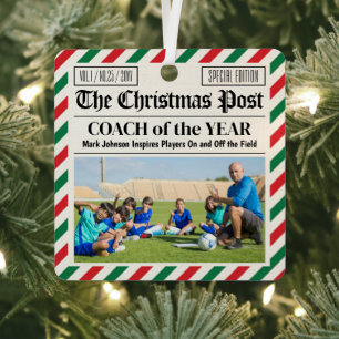Custom Christmas Coach Gift Sports Newspaper Coach Metal Ornament