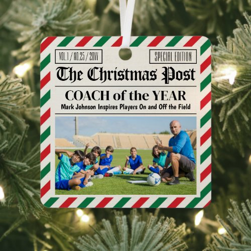 Custom Christmas Coach Gift Sports Newspaper Coach Metal Ornament