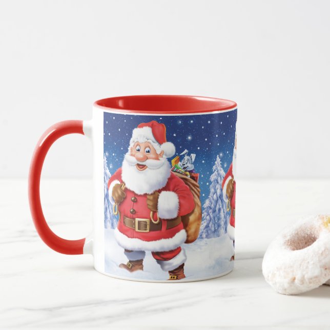 Custom Christmas coffee mug, Jolly Santas. Mug (With Donut)