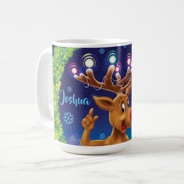 Custom Christmas coffee mug , Rudolph & lights (Front Left)