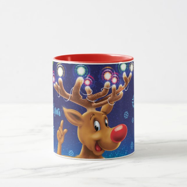 Custom Christmas coffee mug , Rudolph & lights (Center)
