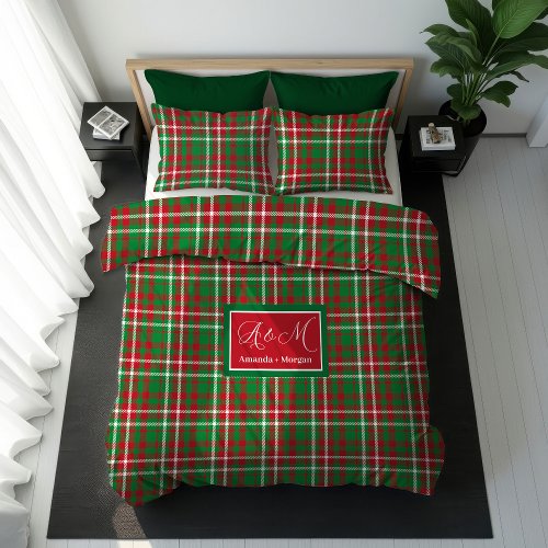 Custom Christmas Duvet Cover Red Green Monogram