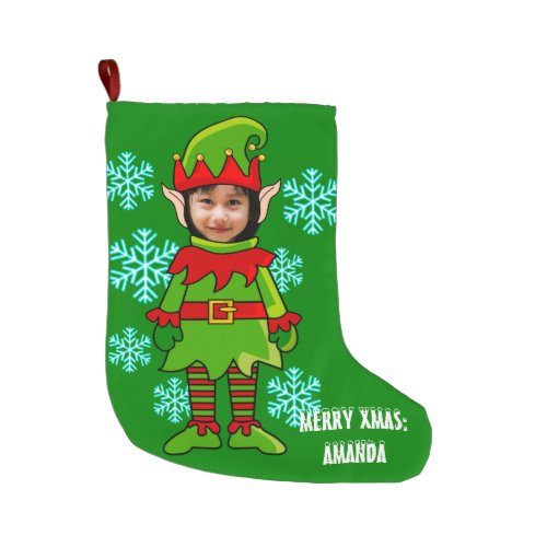 Custom Christmas Elf photo in hole Large Christmas Stocking