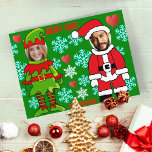 Custom Christmas face cut out Elf & Santa Claus Postcard<br><div class="desc">Design Help: 
https://www.zazzle.com/live/categories/design help

ID card photo.
Headshot photo.Personalized Christmas face-in-hole board. Easily upload your own centered face picture. You can edit text ( font,  size,  color ),   scale,  crop the picture ...   Move,  rotate,  scale,  resize all elements ( snowflakes and red heart).</div>