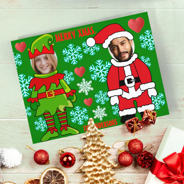 Custom Christmas face cut out Elf & Santa Claus Postcard | Zazzle