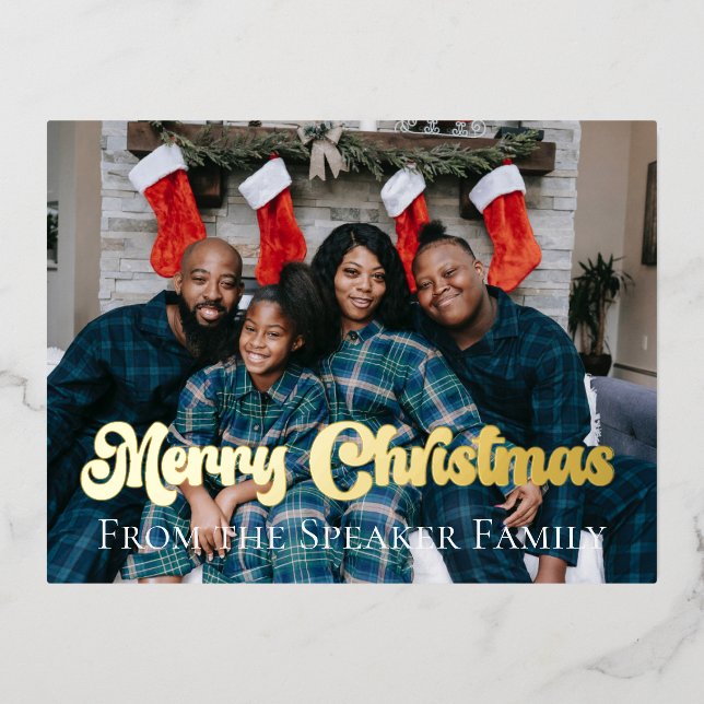 Custom Christmas Family Photo Gold Foil  Foil Holiday Postcard (Front)