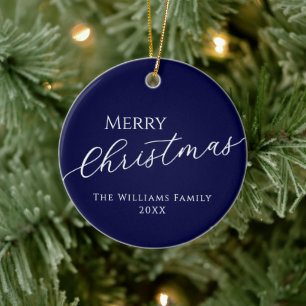 Custom Christmas Family Photo Navy Blue Ceramic Ornament