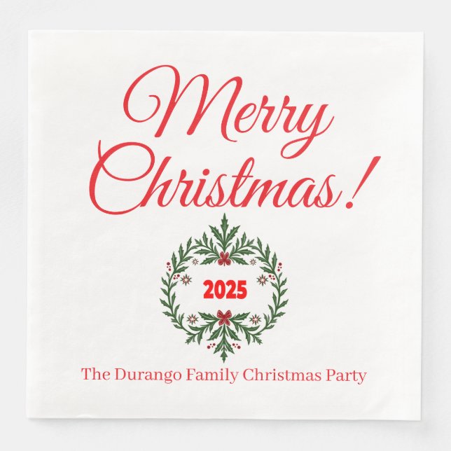 Custom Christmas Festive Floral Wreath Dinner Paper Dinner Napkins (Front)