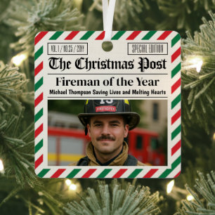 Custom Christmas Firefighter Gift, Fun Newspaper Metal Ornament