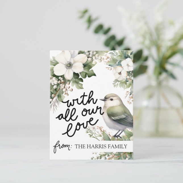 Custom Christmas Flowers & Bird – All Our Love Postcard (Standing Front)