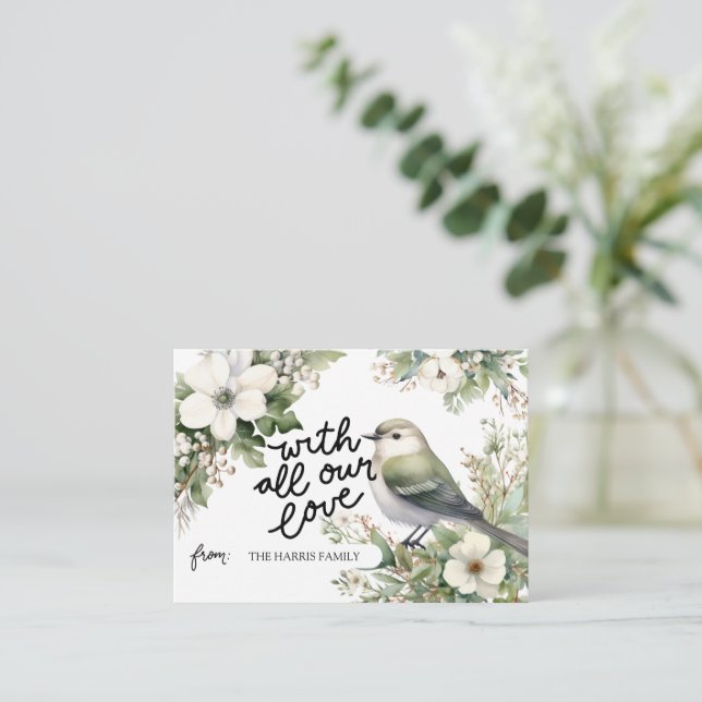 Custom Christmas Flowers & Bird With All Our Love Note Card (Standing Front)