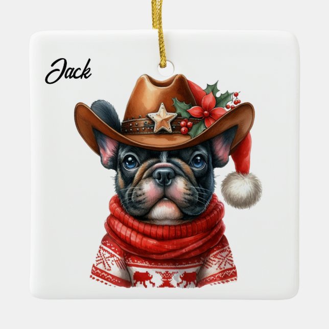 Custom Christmas French Bulldog with Cowboy Hat Ceramic Ornament (Front)