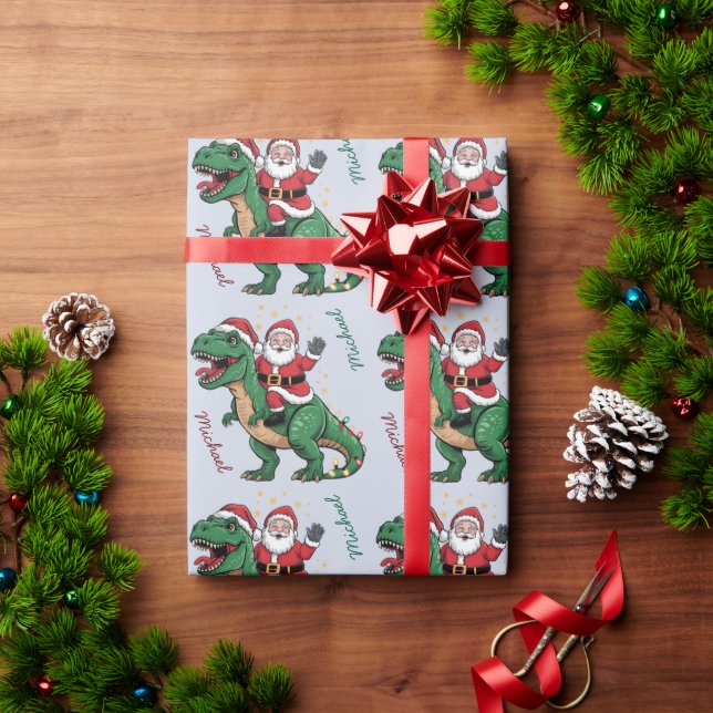 Custom Christmas Funny Santa riding a dinosaur     Wrapping Paper (Holiday Gift)