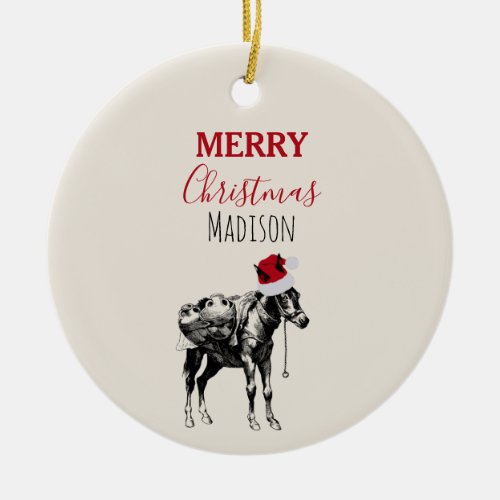 Custom Christmas Funny Vintage Donkey Santa Hat   Ceramic Ornament