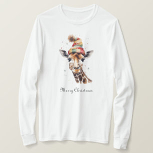 Custom Christmas Giraffe Watercolor Winter Hat T-Shirt