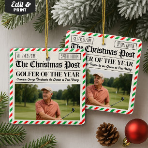 Custom Christmas Golfer Gift, Fun Golf Newspaper  Ceramic Ornament