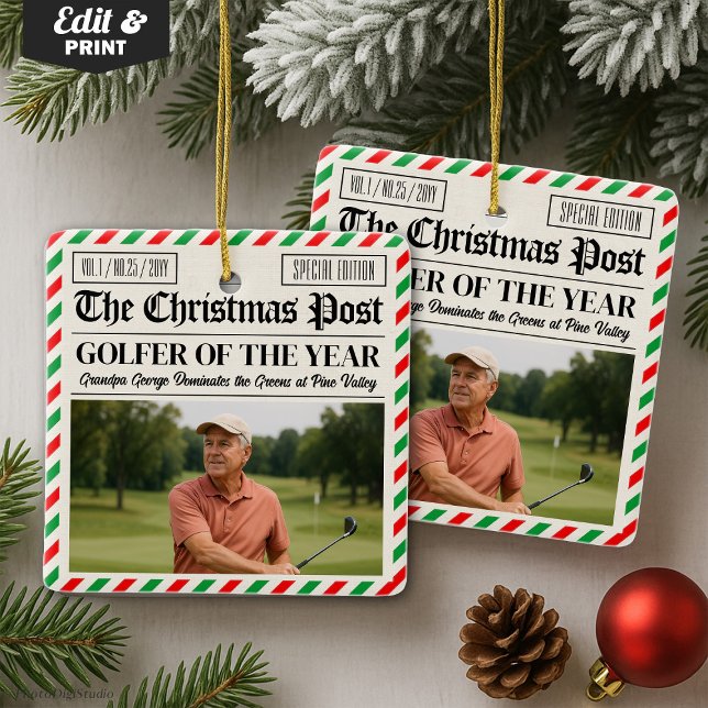 Custom Christmas Golfer Gift, Fun Golf Newspaper  Ceramic Ornament (Custom Christmas Golfer Gift, Fun Golf Newspaper Ceramic Ornament)