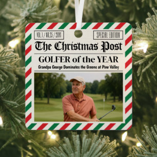 Custom Christmas Golfer Gift, Fun Golf Newspaper Metal Ornament