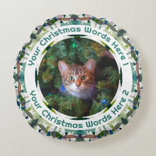 Custom Christmas Green Brown Purple Family Photo Round Pillow